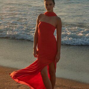 Lulus Rawya Red Orange Strapless Maxi Dress And Scarf Set - Size XL